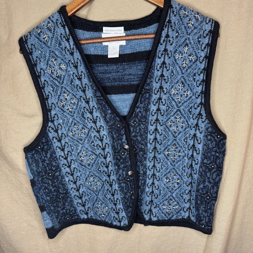 Christopher & Banks Blue Hand Embroidered Snowflake Beaded Sweater Vest Large